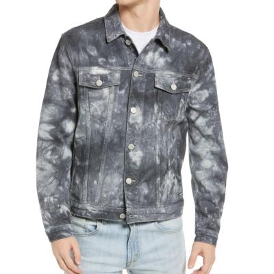 China Fashion Custom Made Men's Cotton Lattice Cloud Tie Dye Denim Dark Denim Trucker Jacket Windproof for sale