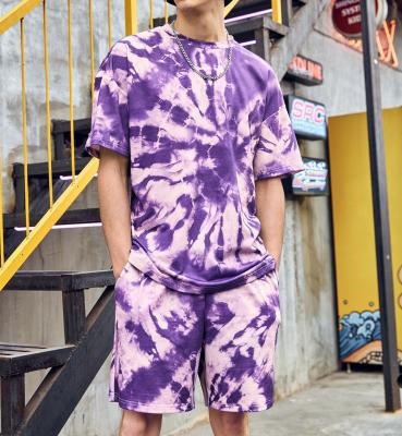 China Anti-Wrinkle Mens Cotton Tank Top Drop Shoulder Tie Dye Tee And Shorts Set for sale