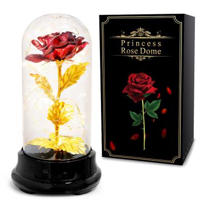 China sustainable & 2022 Fashion Valentine's Day Artificial Gifts Enchanted Rose Gold Led Lamp 24k Gold Foil In Decorative Glass Dome For Gift Set for sale