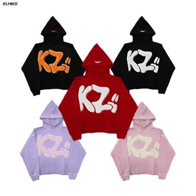 China Anti-wrinkle Plain Bulk Hoodie Manufacturers Custom Logo Heavyweight No String Cotton French Terry Raw Hem Puff Printing Cropped Hoodie Men for sale