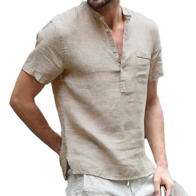 China Men's Cotton Anti-Wrinkle Rolled Short Sleeve Henley Polo Shirt Summer Cotton Stripe Collar Plain Basic Yoga Tops Blouse Tee for sale