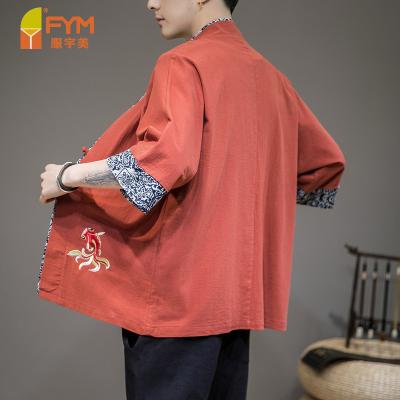 China Chinese Style Anti-Wrinkle Half Sleeve Plain Embroidered Plain Shirts Tangerine Orange Collar Shirt Solid Color Canvas Bottom Shirts For Men for sale