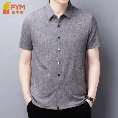 China Anti-Wrinkle New Work Wear Solid Male Short Professional Business Middle Aged Men Shirt Formal Sleeve Turn Down Collar Canvas Mens Shirts for sale