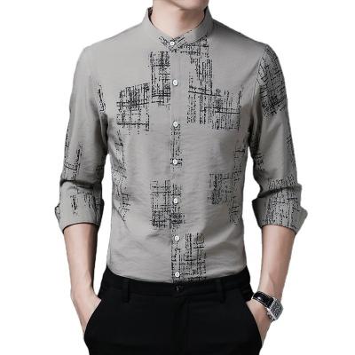 China Anti-Wrinkle Mens Designer Fashion Gray Linen Cotton Shirts Long Sleeve Shirt Logo Print All Over Printed Slim Fit Shirts For Men for sale