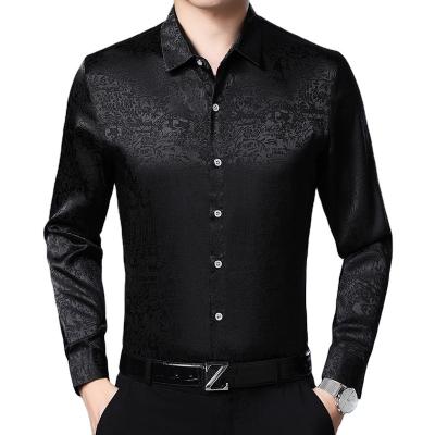 China Anti-Wrinkle Men's Luxury Jacquard Dress Shirt Luxury Sleeve Woven Flower Silk Button Down Long Sleeve Dress Shirt Prom Wedding Party Casual Shirts for sale