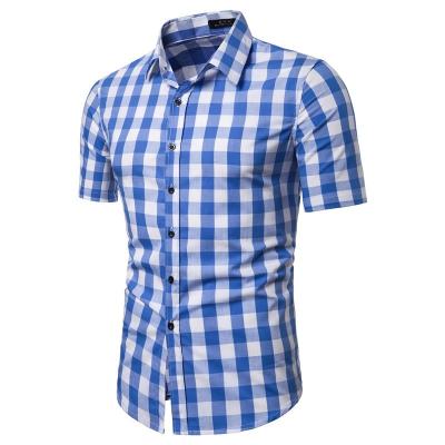 China OEM Custom Men's Plaid Shirt Pure Cotton Blue Casual Plaid Short Dress Shirts Men's Plain Slim Fit Flannel Checked Shirts for sale