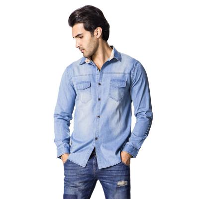 China Anti-pilling Custom Design Double Pockets Washed Cotton Denim Shirt Casual Breathable Long Sleeve Button Down Shirts For Men for sale