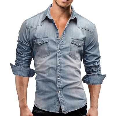 China Anti Shrink Men Washed Jeans Shirt Turn Down Collar Long Sleeves Autumn Shirts Casual Top With Double Pockets Jacket for sale