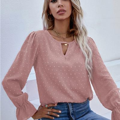 China Anti-wrinkle 2022 summer women's clothing round neck sweater dot jacquard blouse chiffon temperament ruffle sleeves top for sale