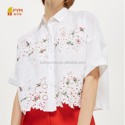 China Anti-pilling cutout design new arrival white cotton fabric half sleeve ladies shirts for sale