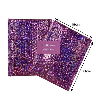 China Cosmetics Purple Foil Holographic Makeup Gift Shipping Bags Padded Bubble Mailing Envelope Size 18x23cm MOQ 320pcs for sale