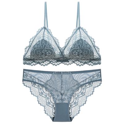 China Hot Selling One Piece French Sexy Lace Triangular Thin Cotton Padded Cup Comfortable No Steel Ring Lingerie Bra And Wireless Panties Set for sale