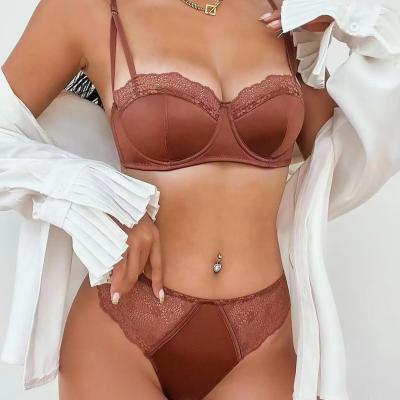 China One Piece Manufacturer Supply Girl Lingerie Set Sexy Satin Lace Plus Size Lift Up Bra And Bra And Pant Briefs Set for sale