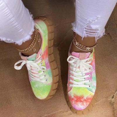 China CUSHIONING 2021 New Round Toe Platform Lace Up Women's Plus Size Rainbow Color Sneakers Printing Flat Shoes for sale