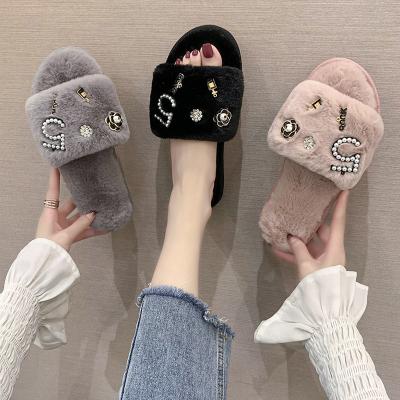 China CUSHIONING 2021 New Bright Diamond Wool Cotton Flat Warm Slippers Home For Fall/Winter Women's Sequin Letter Plush Net Red Slippers for sale