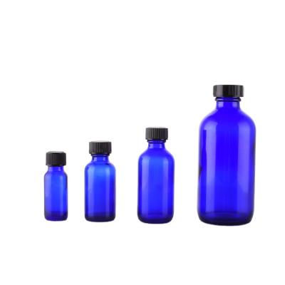 China Cosmetic Oil Boston Blue Bottle With Black Cap 15ml 30ml 60ml 120ml 240ml for sale