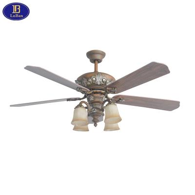 China LuBan Luxury Remote Control 60 Inch Ceiling Fan, 5 Plywood Blades, Silent Reversible DC Motor, 5 Speeds, E27*4, Yellow Sprayed Milky White for sale