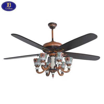 China LuBan Luxury Remote Control 76 Inch Ceiling Fan, 5 Solid Wood Blades, Silent Reversible DC Motor, 5 Speeds, E27*6 + Tiffany Glass for sale