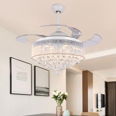 China Luxury Modern Fixture 42inch Retractable Blades Remote Control Ceiling Fans With Led Chandelier Light Crystal Pendant for sale