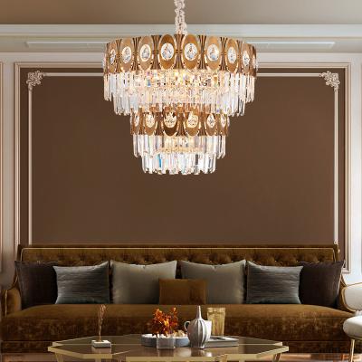 China Modern home k9 crystal hanging light iron decoration lights pendant light classic luxury indoor modern gold 2 layer chandeliers for sale