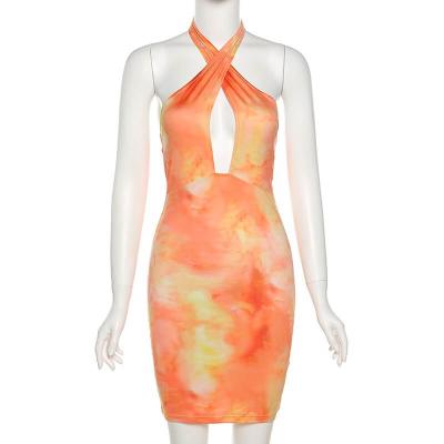 China Anti-Wrinkle Newcomer Summer Tie Dyed Print Halter Bodycon Dress Criss-Cross Party Club Wear Women Skinny Sleeveless Dresses for sale