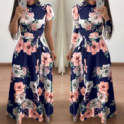 China Anti-wrinkle Women Long Sleeve Short Dress Flower Printed Long Skirt High Neck Belt Casual Summer Elegant Plus Size Women Dress for sale