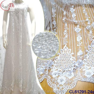 China Viable Cheap Price White Lace Fabric Beaded Dress Lace Fabric CL61291 Tulle Lace Up Fabric For Promotion for sale