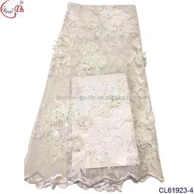 China CL61923-2 Viable White African 3d Flower Lace Fabric With Beads Women Party Wedding 3d Lace Fabric for sale