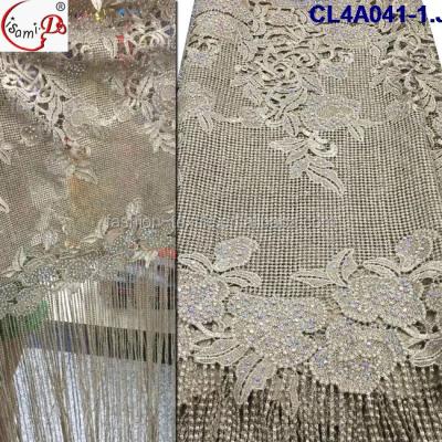 China Fashionable CL4A041-2 African Style Viable Style French Lace Macrame Tassel Fringe Lace With Stone Lace Fabric for sale