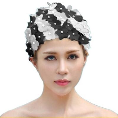 China New Pure Handmade Pearl Waterproof Three-dimensional Petal Length Hair Hot Spring Female Bathing Cap for sale