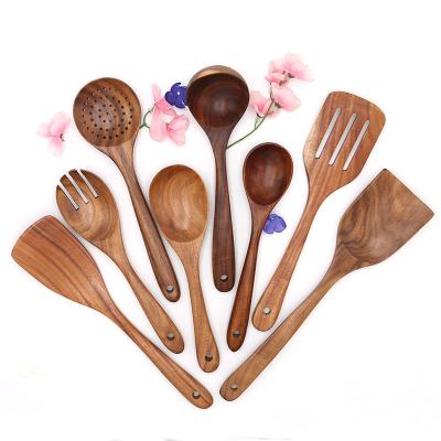 China Sustainable Wooden Spurtles Set 8 Pcs Teak Kitchen Cookware Natural Wood Slotted Spatula For Stirring Mixing Serving for sale