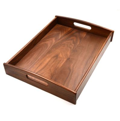 China Extra Large Decorative Black Solid Walnut Hotel Wedding Restaurant Wooden Breakfast Rectangle Home Coffee Table Serving Tray With Handles for sale