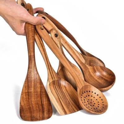 China Sustainable Kitchen Tools Cookware Reusable Teak Wood Cookware Food Grade Utensil Set For Home for sale