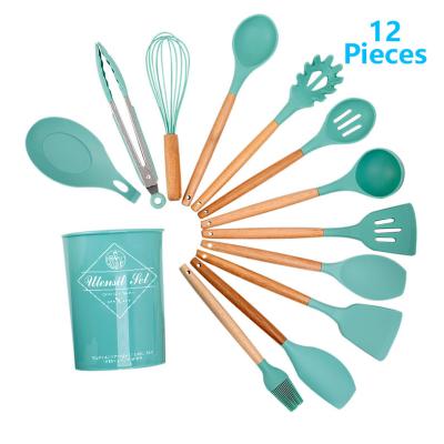 China Amazon Viable Hot Sale 12pcs Silicone Kitchenware Cooking Silicone Cooking Utensils Set With Wooden Handle for sale