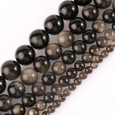 China Natural Stone Bead 4-12MM Silver Obsidian Smooth Round Loose Beads Jewelry Necklace Bracelet Earring Making For Jewelry Making DIY Bracelet for sale