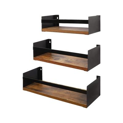 China Morden Black Floating Shelves For Wall Set Of 3, Industrial Thick Wall Shelf Bracket With Iron Rail Bracket For Bathroom Kitchen Bedroom for sale