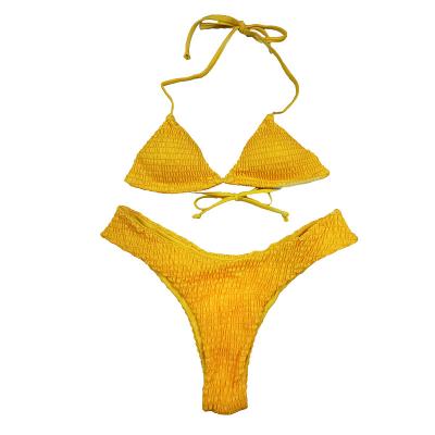 China Plus size yellow color triangle thong lacing sexy bikini bra cup style strap closure beach wear 2 pieces swimwear for sale