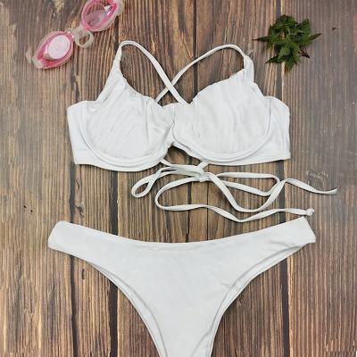 China Good quality comfortable sexy swimsuit factory white pleated solid color bra thong young lady bikini breathable direct wholesale for sale