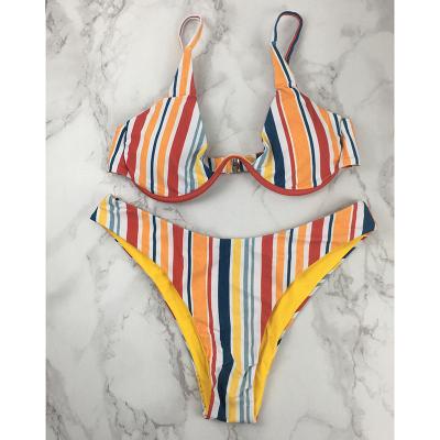 China 2021 New Fashion Women's Colorful Striped Bikini 80s Retro Style Breathable School Pattern Swimwear for sale