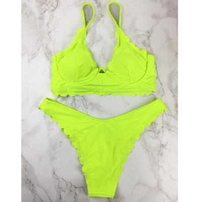 China Fluorescent Color Breathable Sexy Beachwear Women Two Piece Edge Swimsuit Ruffle Manufacturer-Supplier for sale