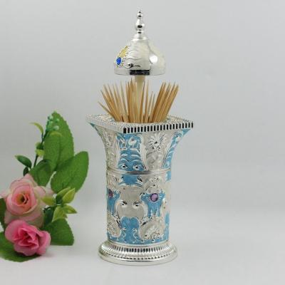 China Shinny Gifts Elegant Noble Columnar Style Carving Rose Flower Toothpick Holder for sale