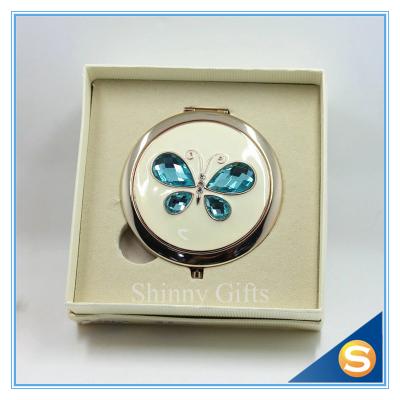 China Shinny Gifts Fashionable Fancy Butterfly Design Folding Double Sides Metal Pocket Mirror for sale