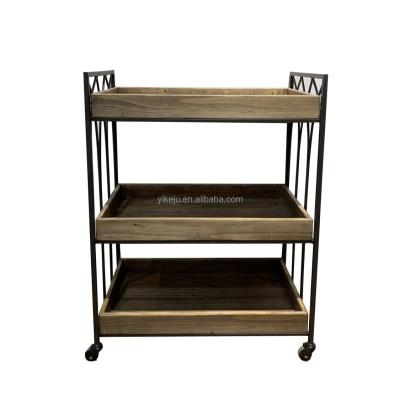 China Hand Carts and Trolleys 3 Tier Wooden and Metal Revolving Shelf with Wheels Storage Cart Mobile Rolling Cart OEM Service Manufacturing for sale