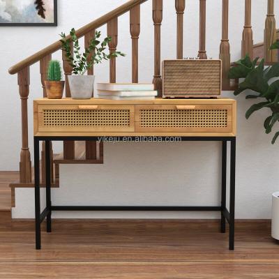 China Storage Yiju Vintage Hallway Table With 2 Drawers Rattan Wood Top Console Table For Living Room Furniture Home Office Table OEM for sale