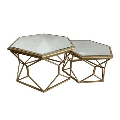 China Yiju Luxury Modern Storage Center Table With Mirror Top S/2 Coffee Table For Living Room Furniture End Table With Iron Stools OEM for sale