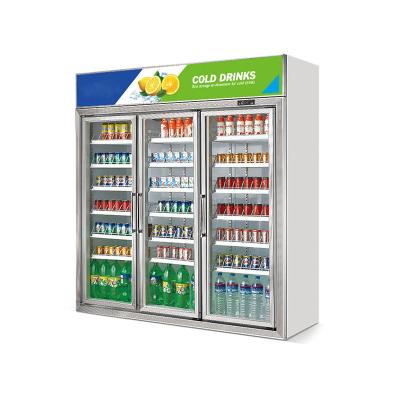 China Supermarket Single-temperature 3-Door Single-temperature Supermarket Aluminum Upright Chilled /soft Drinks Display Glass Beverage Refrigerator Display Cabinet for sale