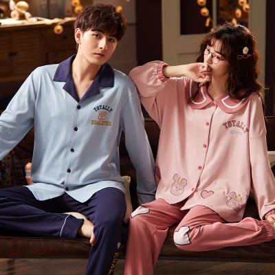 China New Cute Home Men's Long Sleeve Lapel Cotton Couples Pajamas Women's Clothing Cotton Knitted Suit QUICK DRY for sale