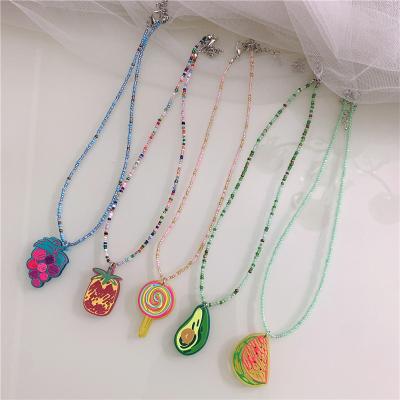 China JUHU Korea Candy Girly Necklace Retro Fruit Acrylic Rice Color Necklace Cute Geometric Pearl Necklace for sale