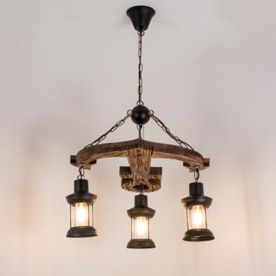 China Decorative Carved Wooden Farmhouse 3 Lights Chandeliers Lighting Lamp For Restaurant Dining Room for sale