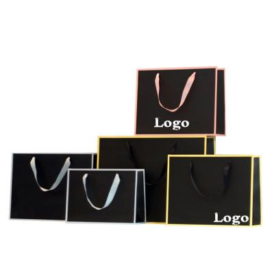 China OEM Recyclable Small Boutique Brands Recyclable Luxury Black Colored Custom Colored Custom Retail Hongxi Cloth Shop Paper Bag Gift Shop With Ribbon Handle for sale